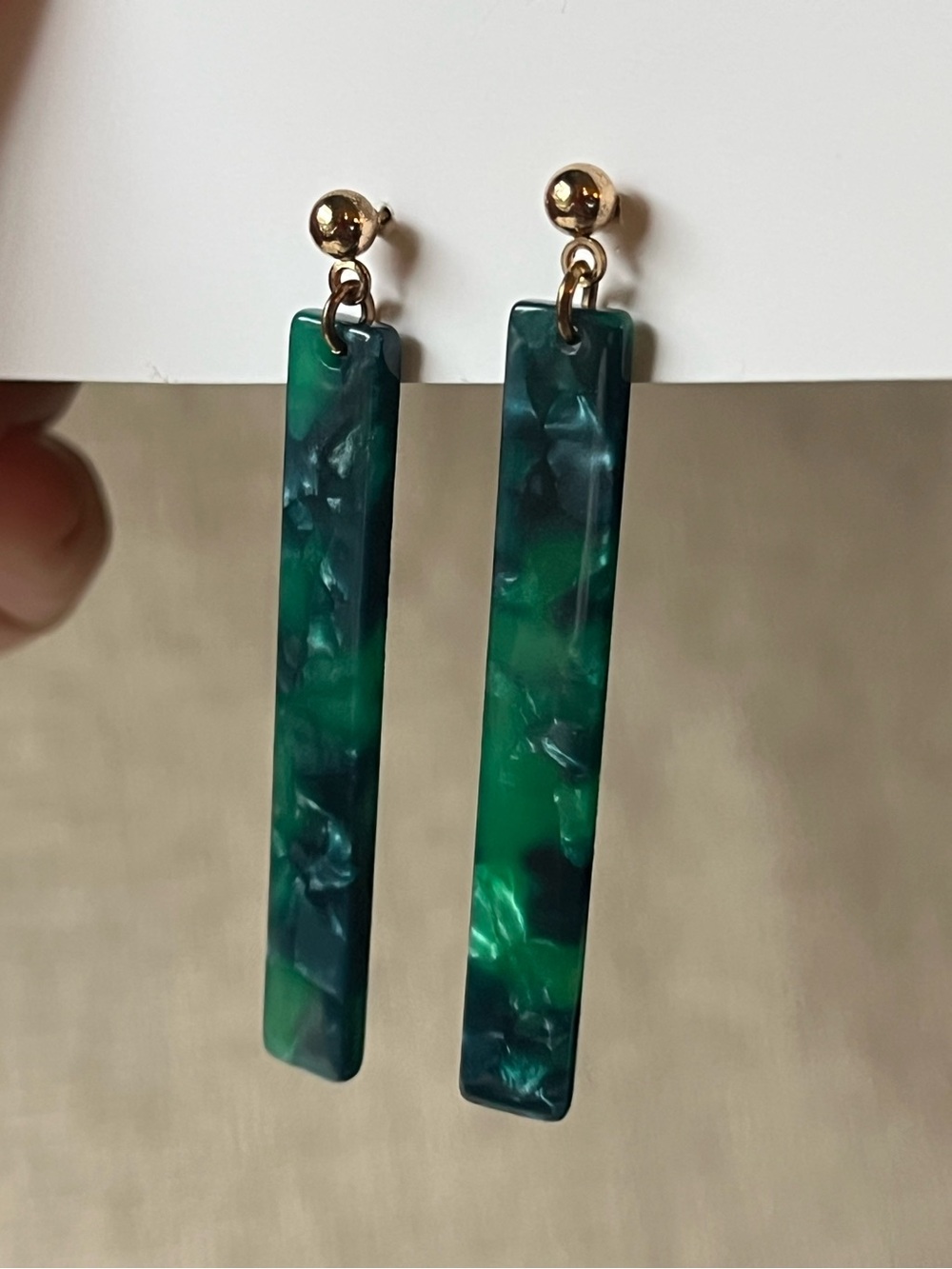 Emerald Green Blue Marbled Acrylic Bar Drop Earrings – Gold Ball Stud Posts